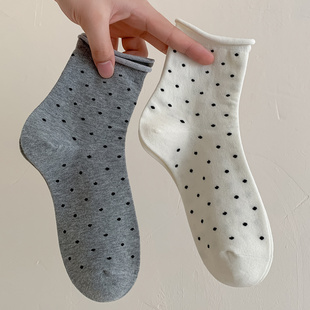 中筒袜堆堆袜纯棉袜卷边日系长袜 夏薄款 灰色波点袜子女款 2026新款
