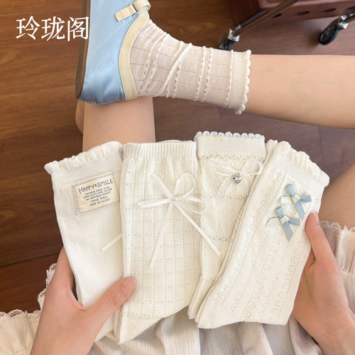 蝴蝶结中筒袜女夏薄款纯棉芭蕾风