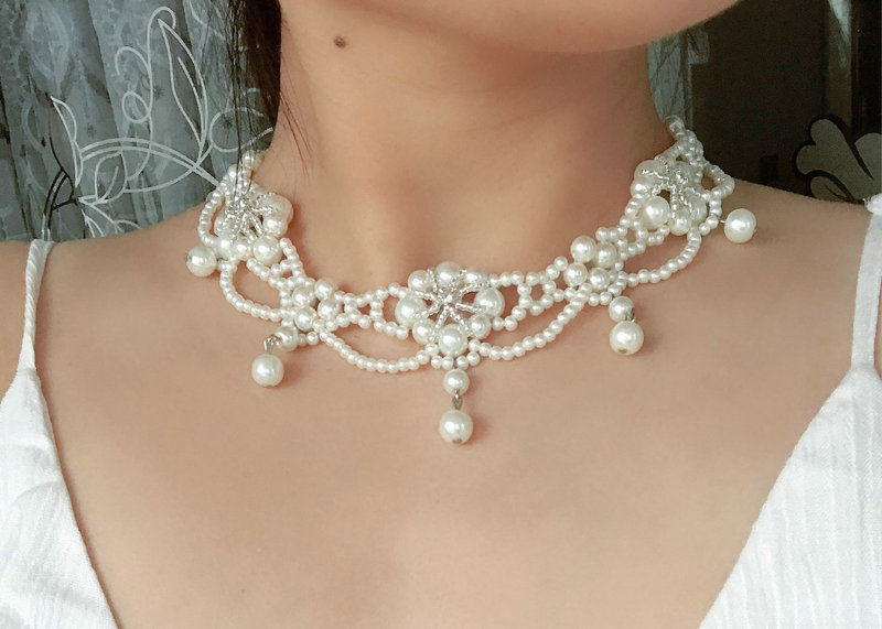 时尚百搭精致绝美花瓣珍珠水钻颈链婚纱礼服手工项链女款定做368