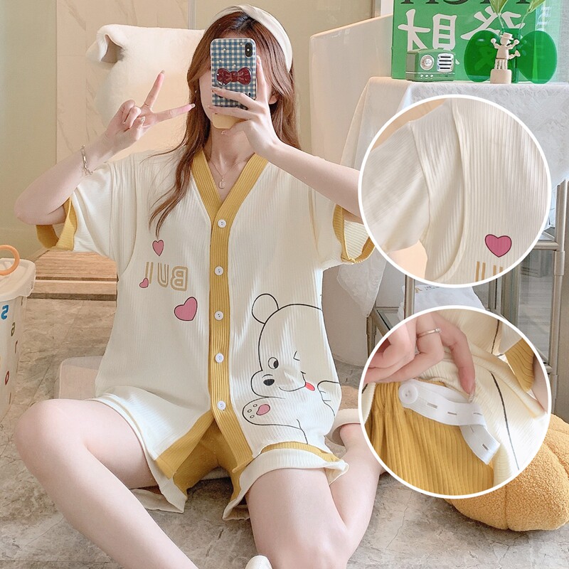 반팔 임산복 투피스 세트 여름 임부 가디건 수유복 5월 6일 여름 산후 플러스 사이즈 수유 잠옷