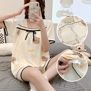 带胸垫短袖哺乳睡衣夏季孕妇月子服产妇6月7夏天喂奶两件套装外穿