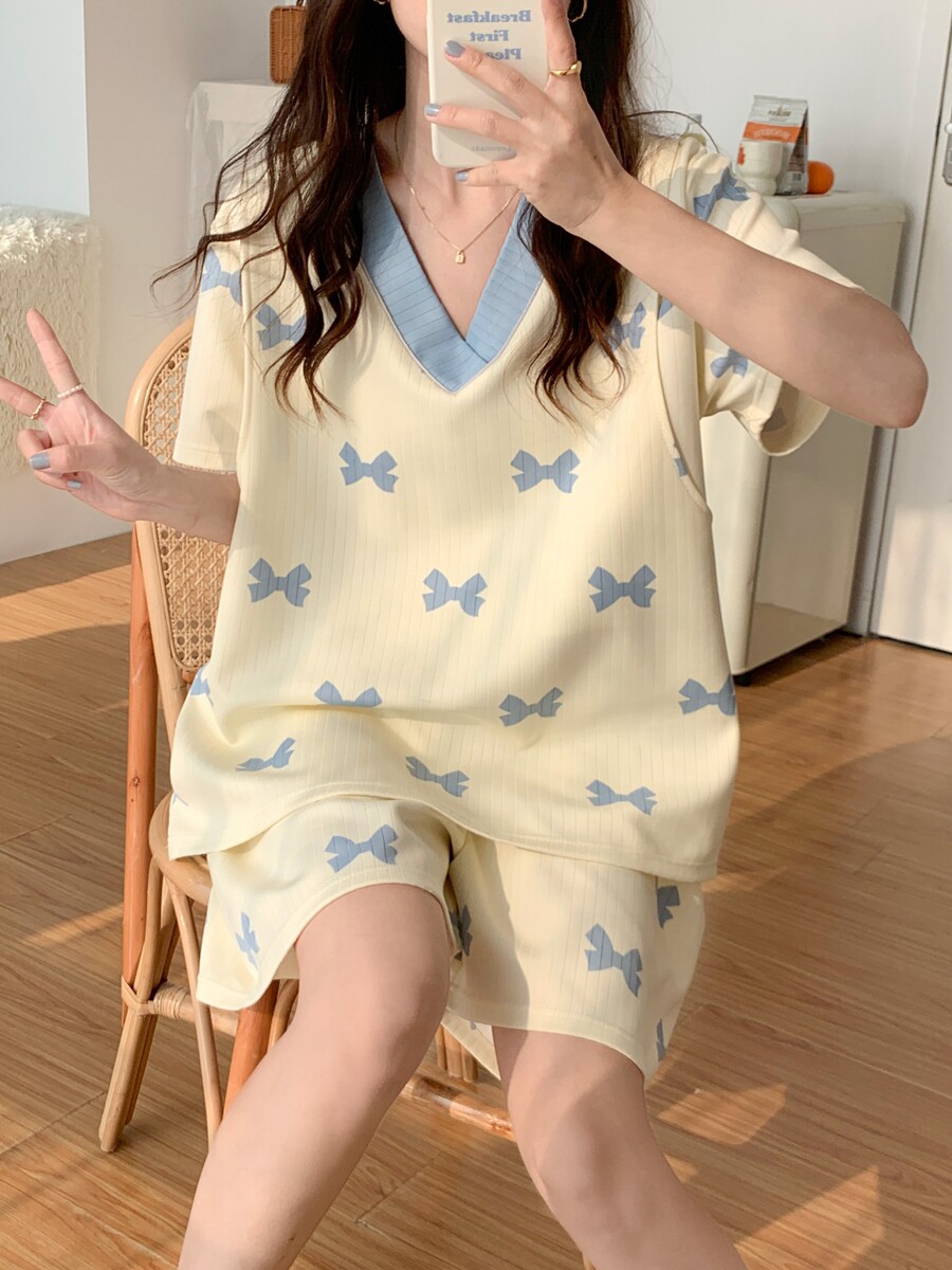 대형 80-300 파운드 반팔 투피스 출산복 여름 감금 의류 산후 수유 기간 모유 수유 잠옷
