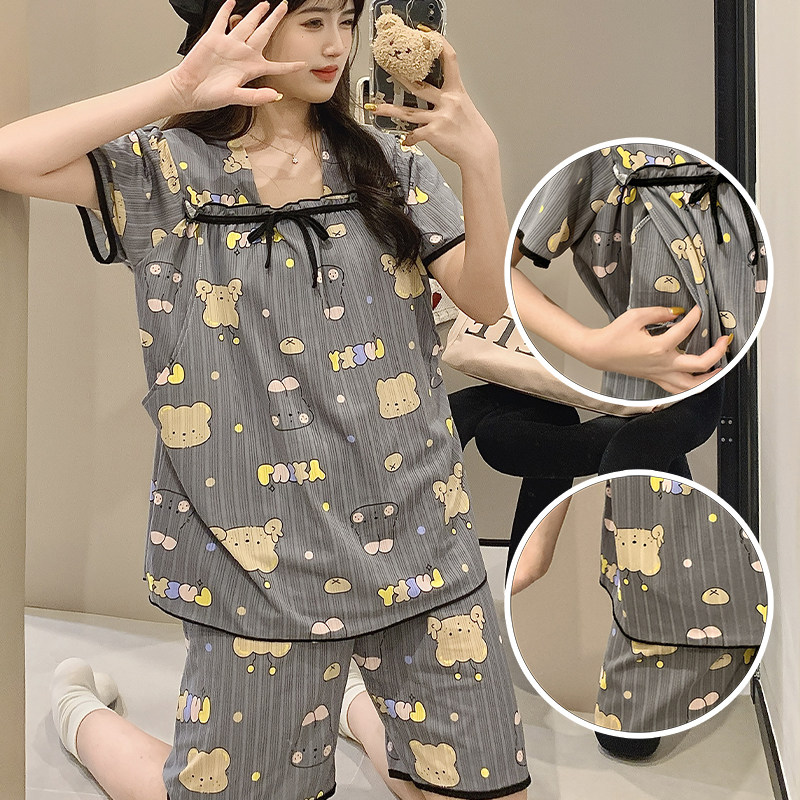 新款带胸垫夏天短袖孕妇哺乳睡衣产妇待产月子服产后喂奶套装外出
