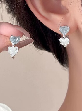 个性拼色水晶爱心设计耳钉女轻奢高级耳环甜美气质双色百搭耳饰品