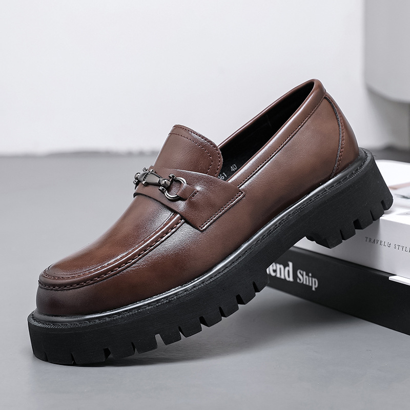 外贸大码男鞋青少年一脚蹬大头皮鞋马衔扣厚底松糕跟乐福鞋结婚鞋