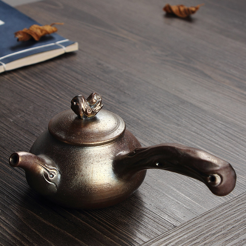 九木柴烧壶 小窑柴烧壶 粗陶侧把壶   半手工柴烧功夫茶具茶壶