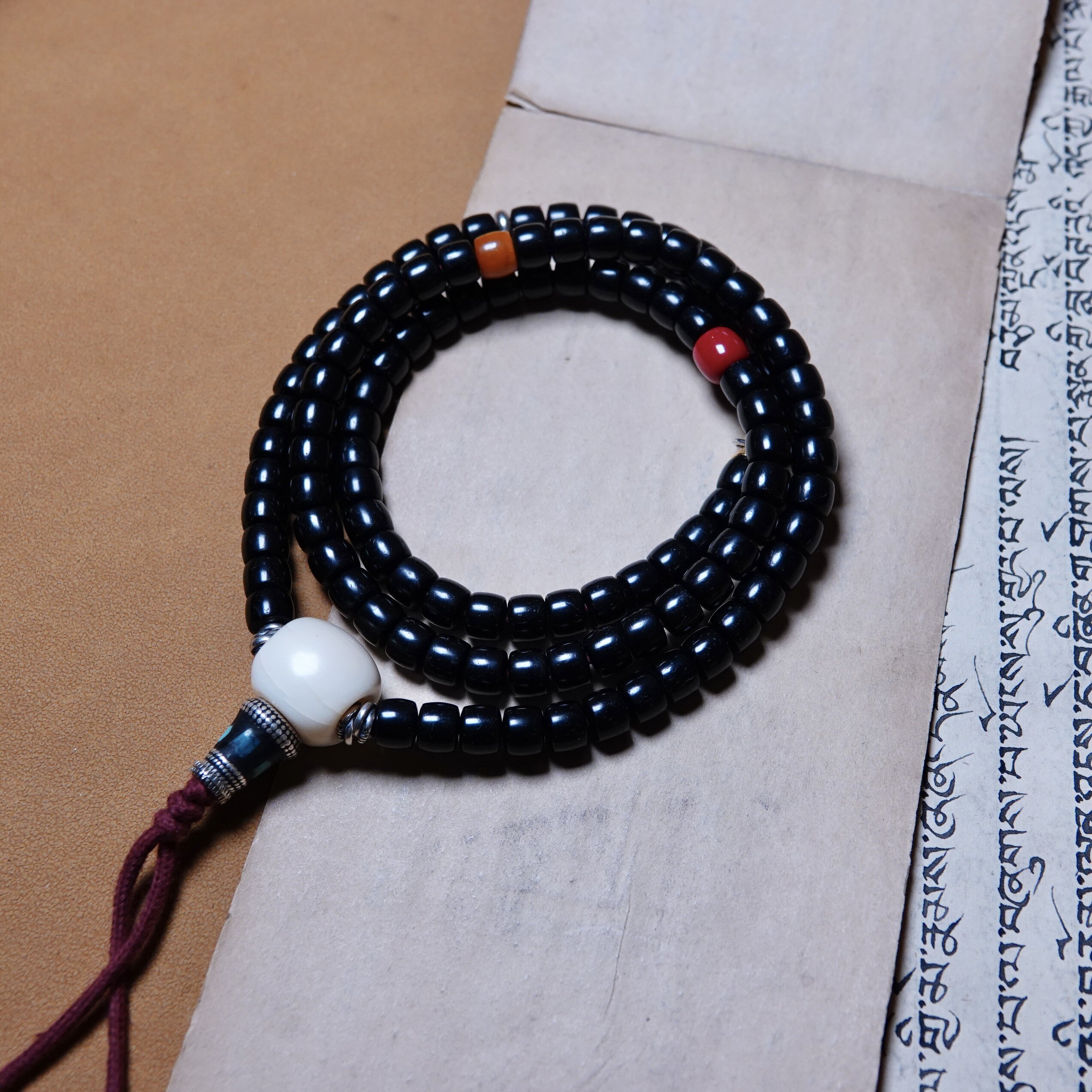 7mm老型藏式老椰蒂佛珠全皮一套老蜜蜡红琉璃高白佛头文玩随身