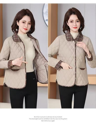 Mm2025新款时尚格子拼接加绒棉服气质妈妈装宽松保暖翻领外套