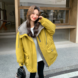 韩范工装风连帽羽绒服女2025冬季新款设计感中长款黄色保暖外套，女装短外套，2C121