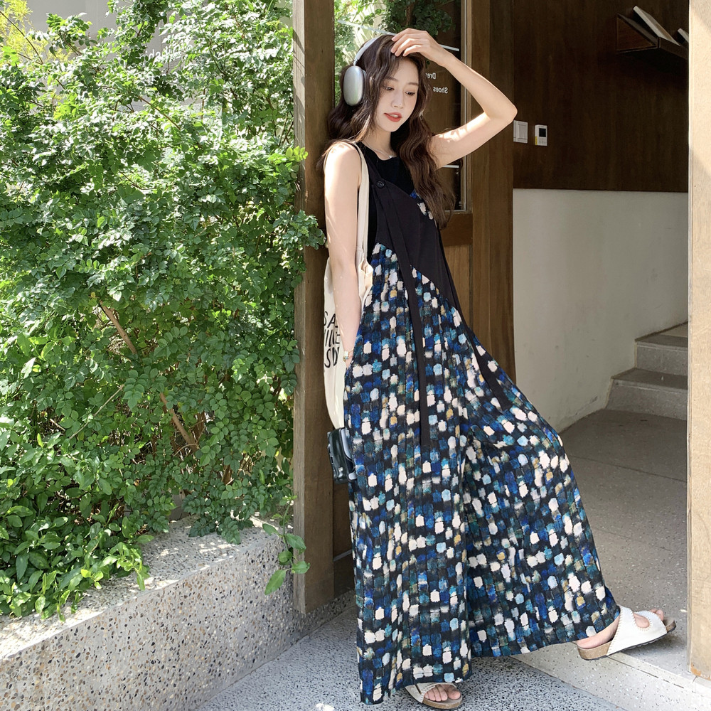 黑色复古油画风印花连体裤女夏新款显瘦休闲慵懒设计感小众阔腿裤,女装连体裤,2C121