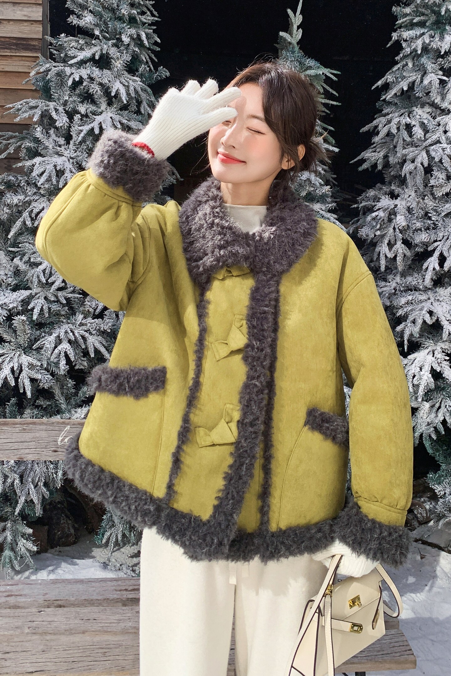 复古风皮毛一体羊羔毛外套女2025冬季短款毛领加厚减龄小个子夹克,女装短外套,2C121