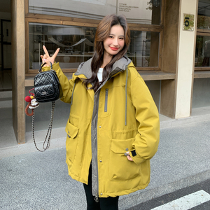 韩范工装风连帽羽绒服女2025冬季新款设计感中长款黄色保暖外套图片