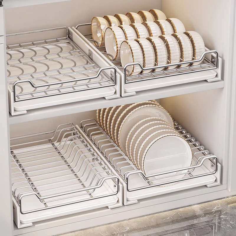 圣西陶碗碟收纳层架不锈钢厨房置物架整体橱柜拉篮抽屉式抽拉碗盘
