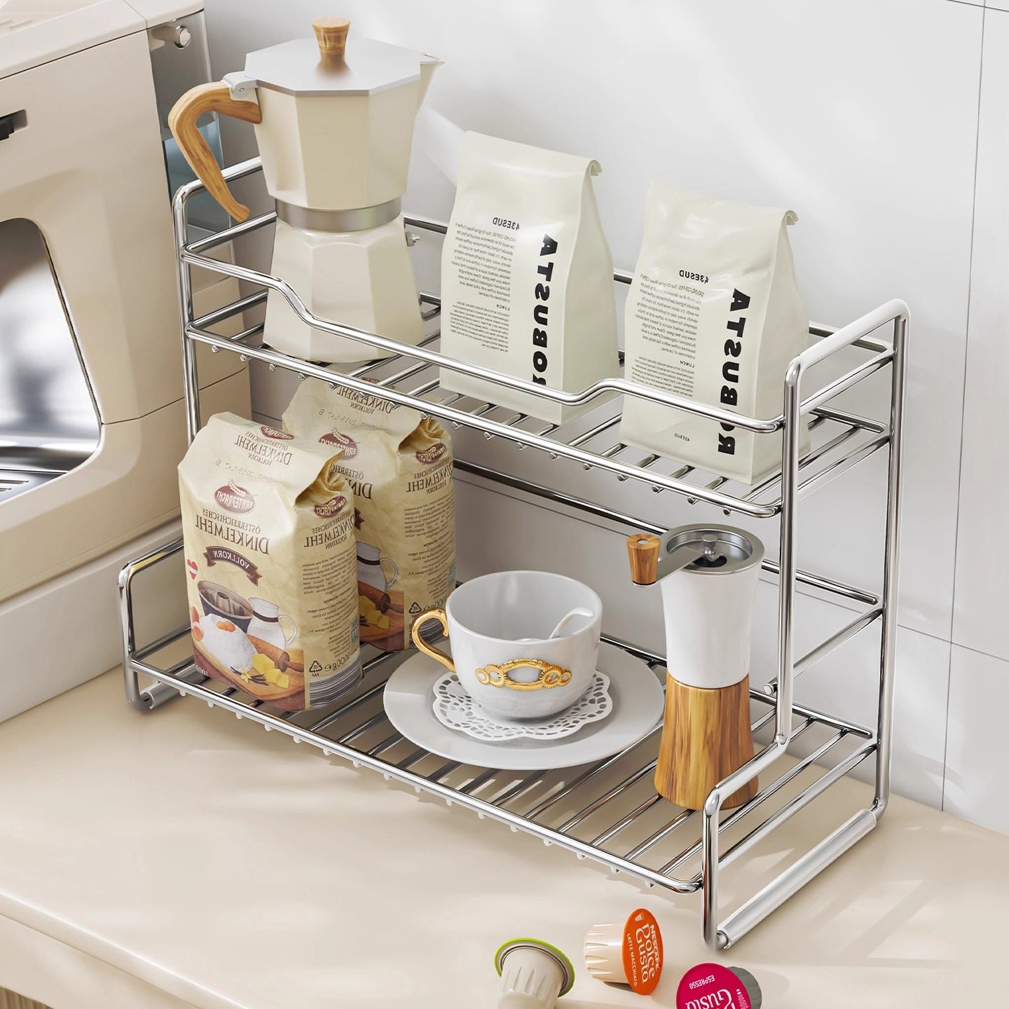 圣西陶不锈钢置物架餐边柜办公茶水间桌面茶包咖啡杯子双层收纳架,收纳整理,整理架/置物架/收纳架,淘宝优惠券,粉丝福利购,淘宝优惠卷