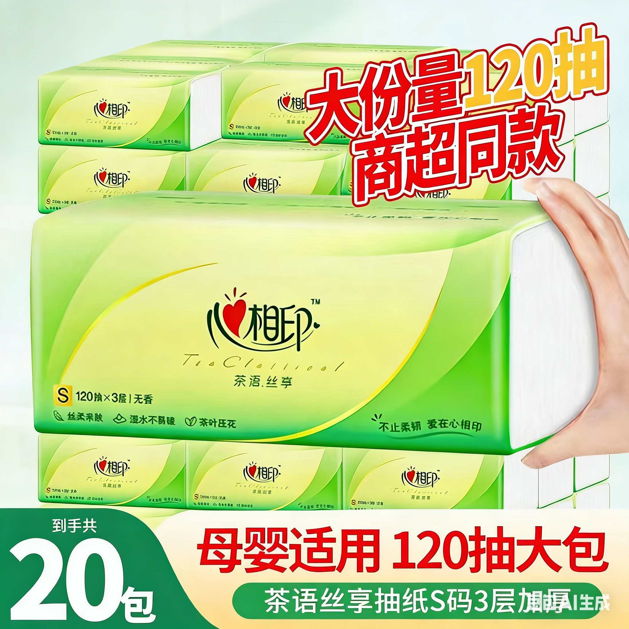 2心相印茶语抽纸120抽3层加厚