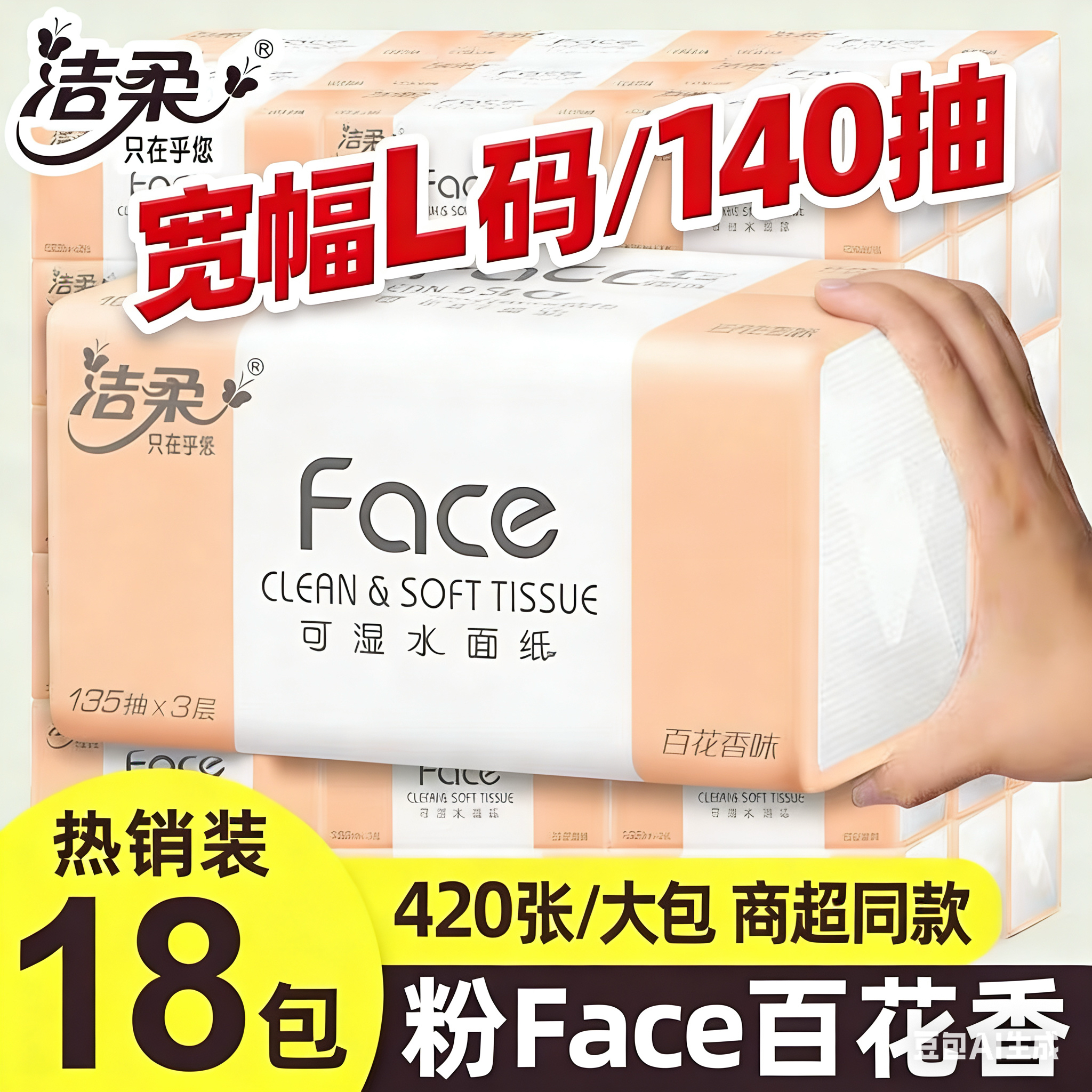 洁柔粉Face 百花香抽纸L码140抽18包家庭特惠装可湿水 面纸餐巾纸