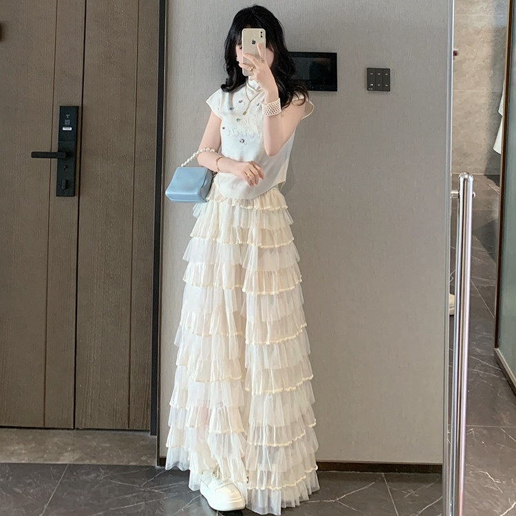 K小姐女装自制 多层蕾丝半身裙不透设计松紧高腰屁帘洋气及踝长裙
