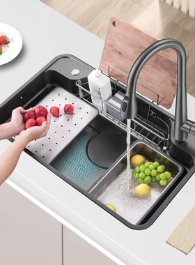 欧琳日式大单槽纳米水槽304不锈钢厨房洗菜盆枪灰色一体盆9129H