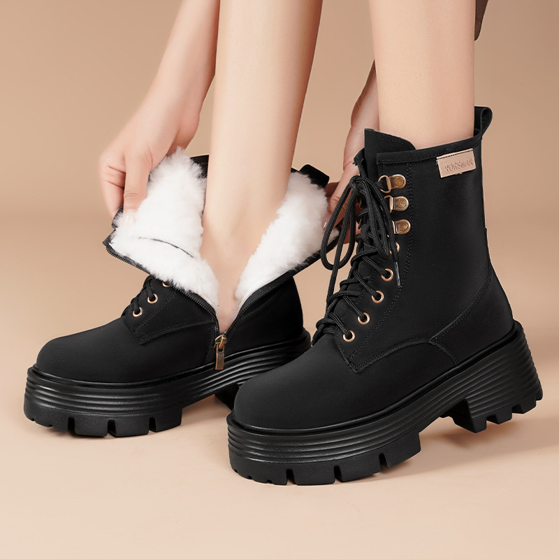 真皮马丁靴女英伦风冬季新款厚底粗跟加绒大黄短靴子羊毛女鞋