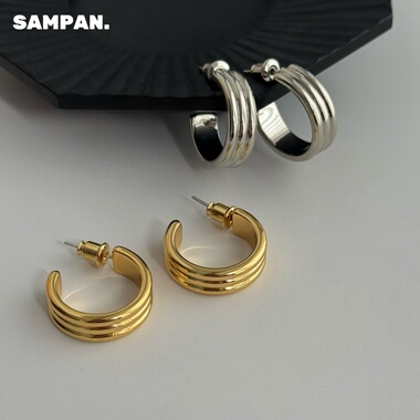 SAMPAN小众设计金属圆圈耳环女冷淡风高级感复古欧美C形耳饰港风