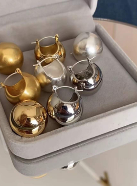 S925银针耳饰savi同款时髦法式复古金属圆球耳环高级感磨砂耳坠女