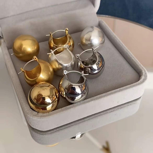 S925银针耳饰savi同款 复古金属圆球耳环高级感磨砂耳坠女 时髦法式