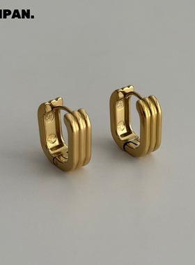 【洗澡不用摘】钛钢镀金简约条纹耳环几何基础百搭金色耳扣耳饰女