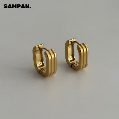 【洗澡不用摘】钛钢镀金简约条纹耳环几何基础百搭金色耳扣耳饰女