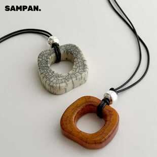 S925银球吊坠小众设计感时髦驼骨石项链几何方形长款毛衣链秋冬新