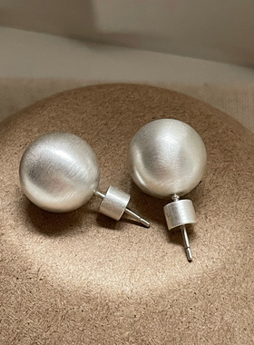 S925银针小众设计拉丝圆球耳环女清冷气质磨砂哑光耳钉轻奢耳饰