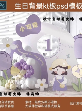 小女孩生日宴紫色卡通紫罗兰色系宝宝宴家庭周岁psd背景设计素材