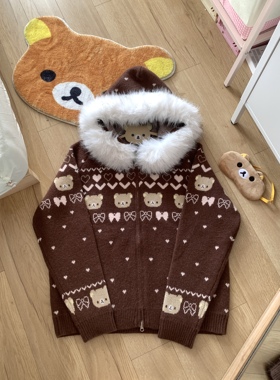 blurredbear原创软妹宅萌可爱软妹轻松熊毛衣秋冬加厚连帽外套女