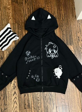 blurredbear原创宅萌亚文化猫耳朵长袖连帽卫衣女二次元开衫外套