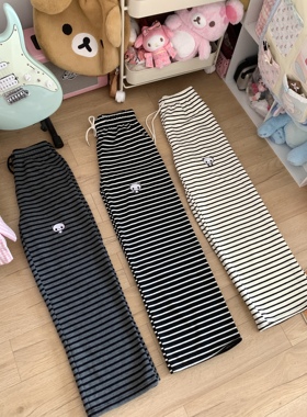 blurredbear原创日系软妹宅萌可爱条纹熊猫刺绣休闲直筒裤长裤女