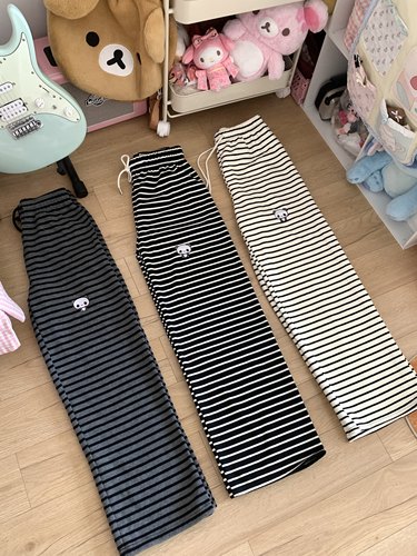 blurredbear原创日系软妹宅萌可爱条纹熊猫刺绣休闲直筒裤长裤女