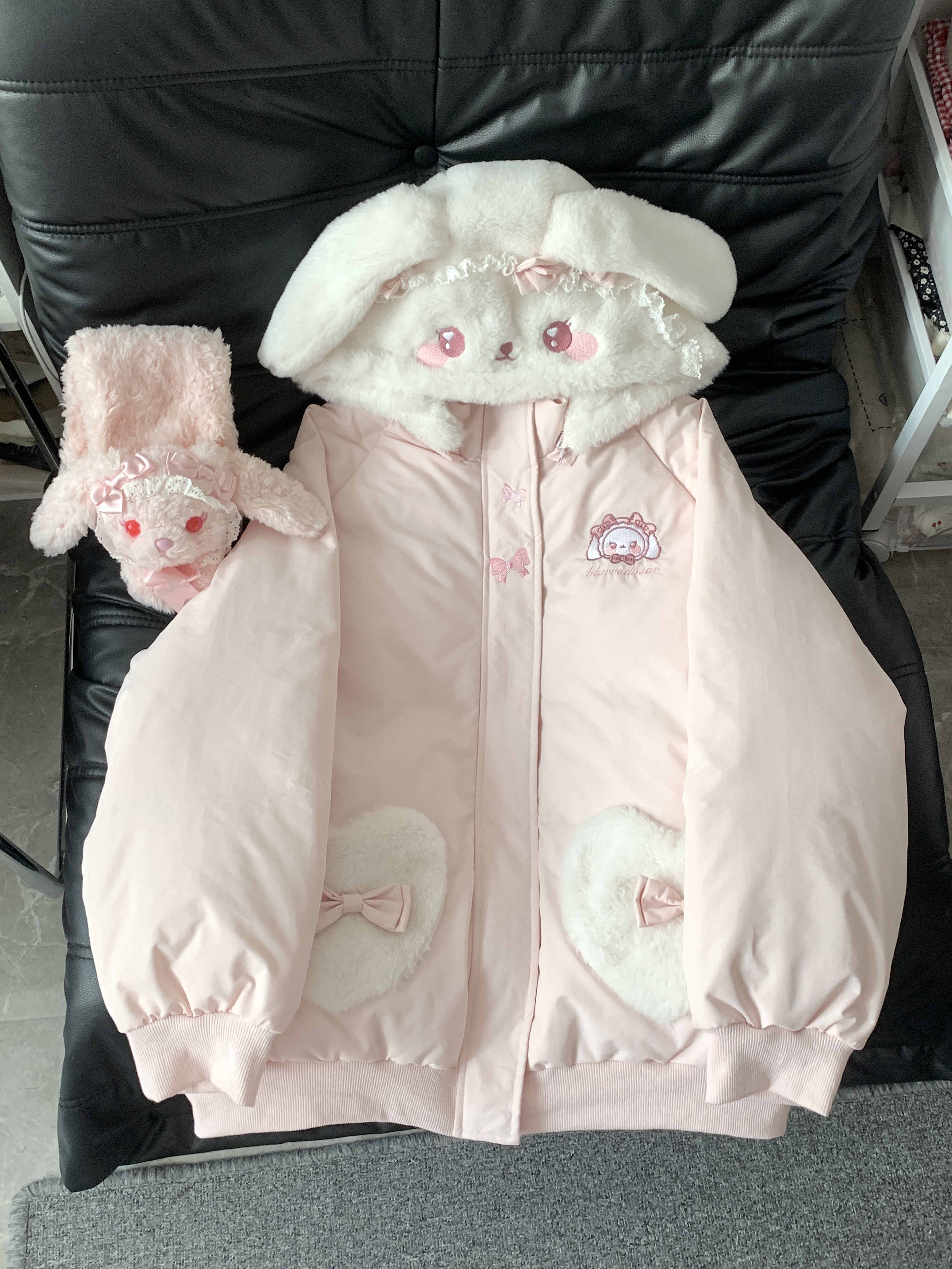 Blurredbear原创日系软妹可爱兔子刺绣加厚冬季连帽棉服女棉服