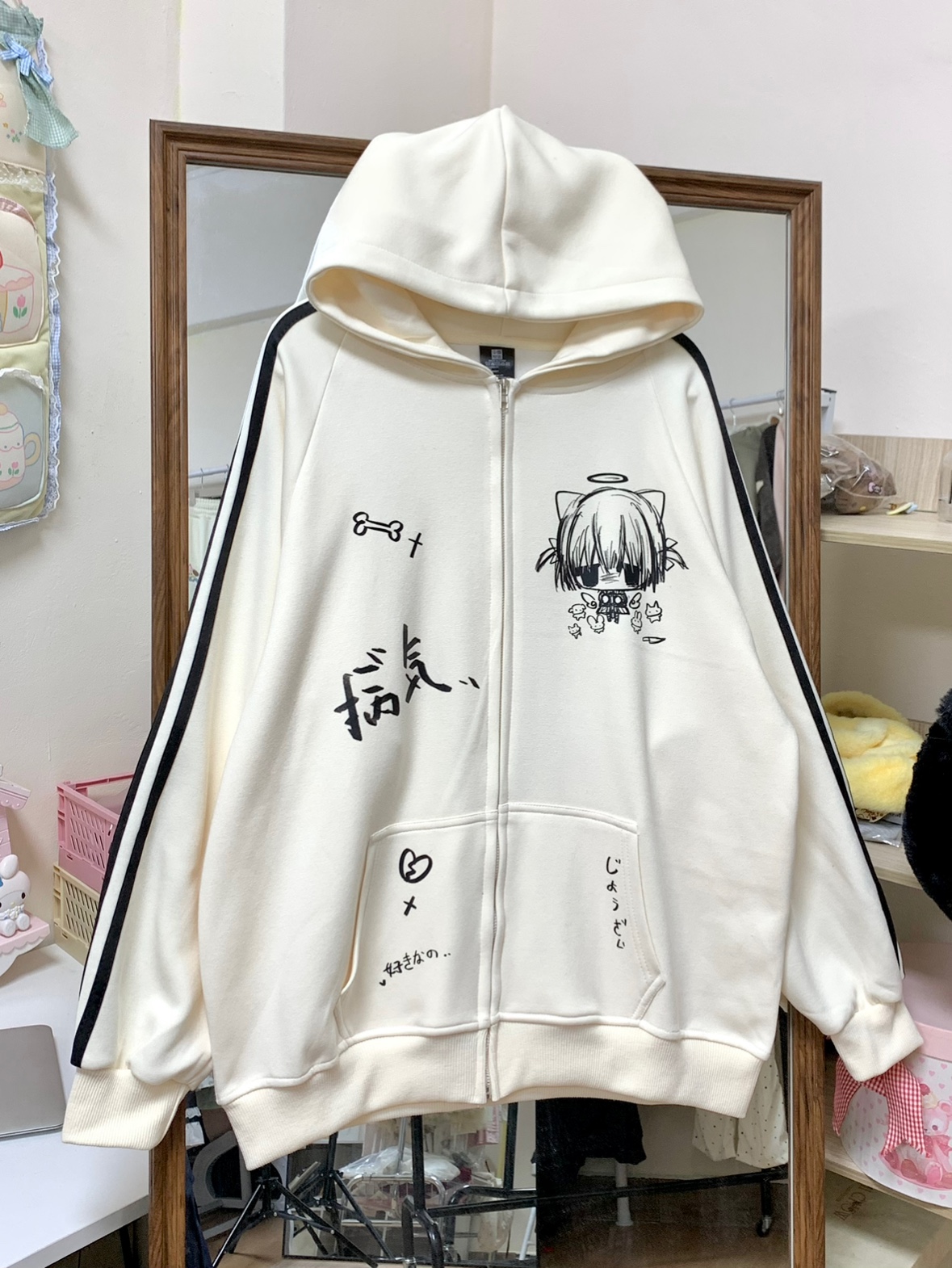 宅萌两道杠涂鸦印花早秋拉链外套