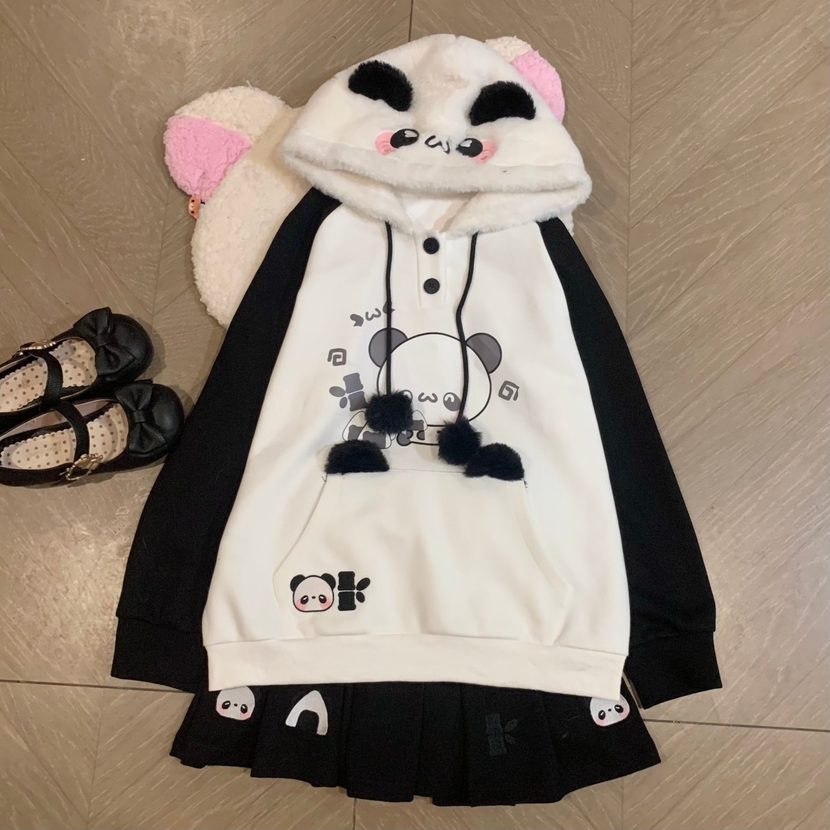 Blurredbear原创日系软妹加绒加厚连帽熊猫卫衣女毛茸茸百搭长袖