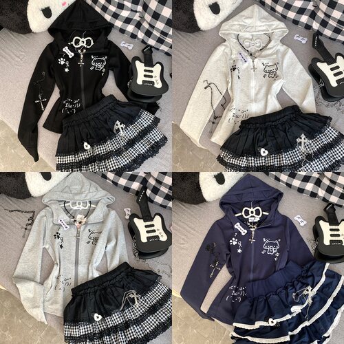 原创自制日系可爱辣妹春夏新款修身亚文化猫耳朵连帽长袖薄外套女