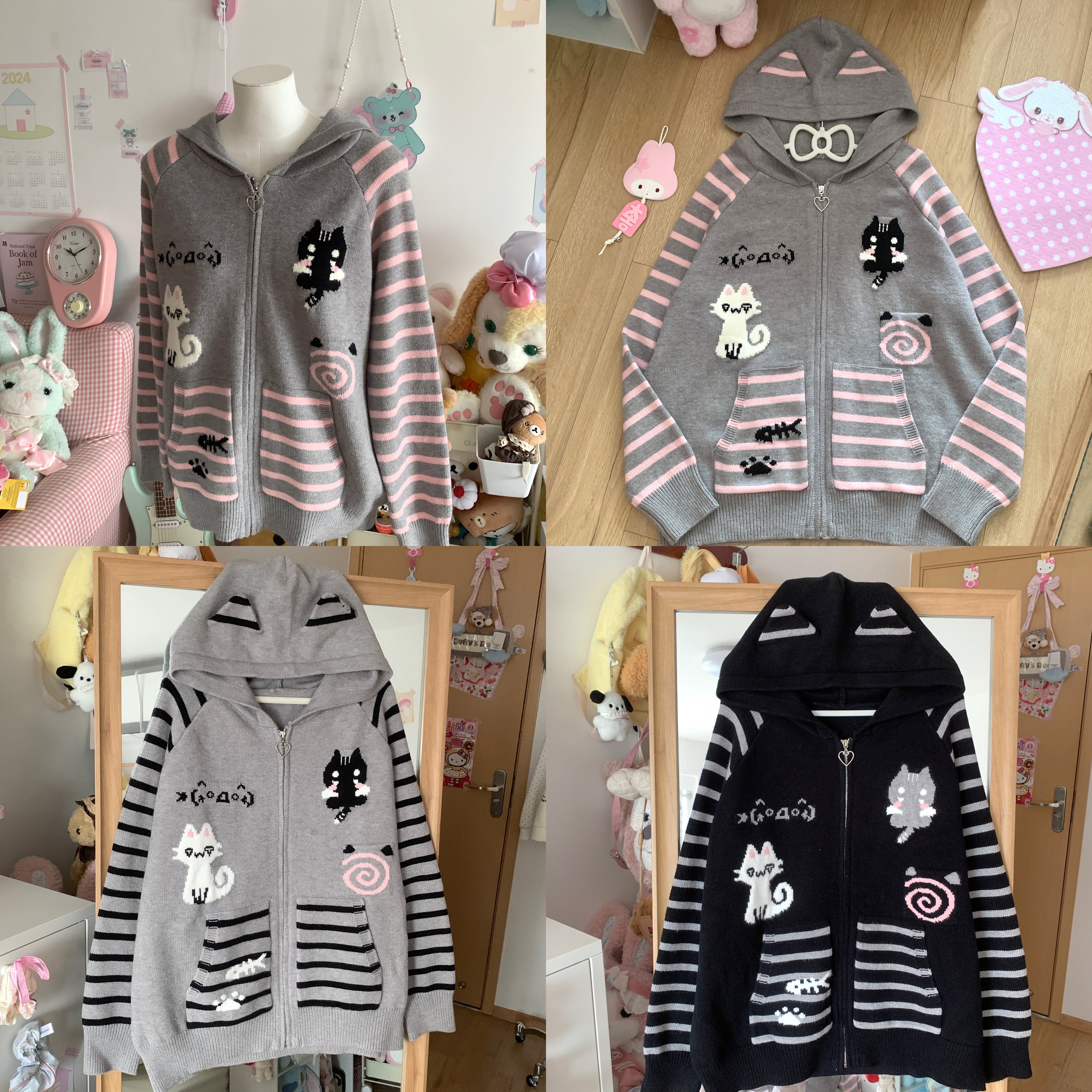 迷糊小熊原创日系宅萌条纹小猫可爱卫衣秋冬宅系开衫毛衣连帽外套