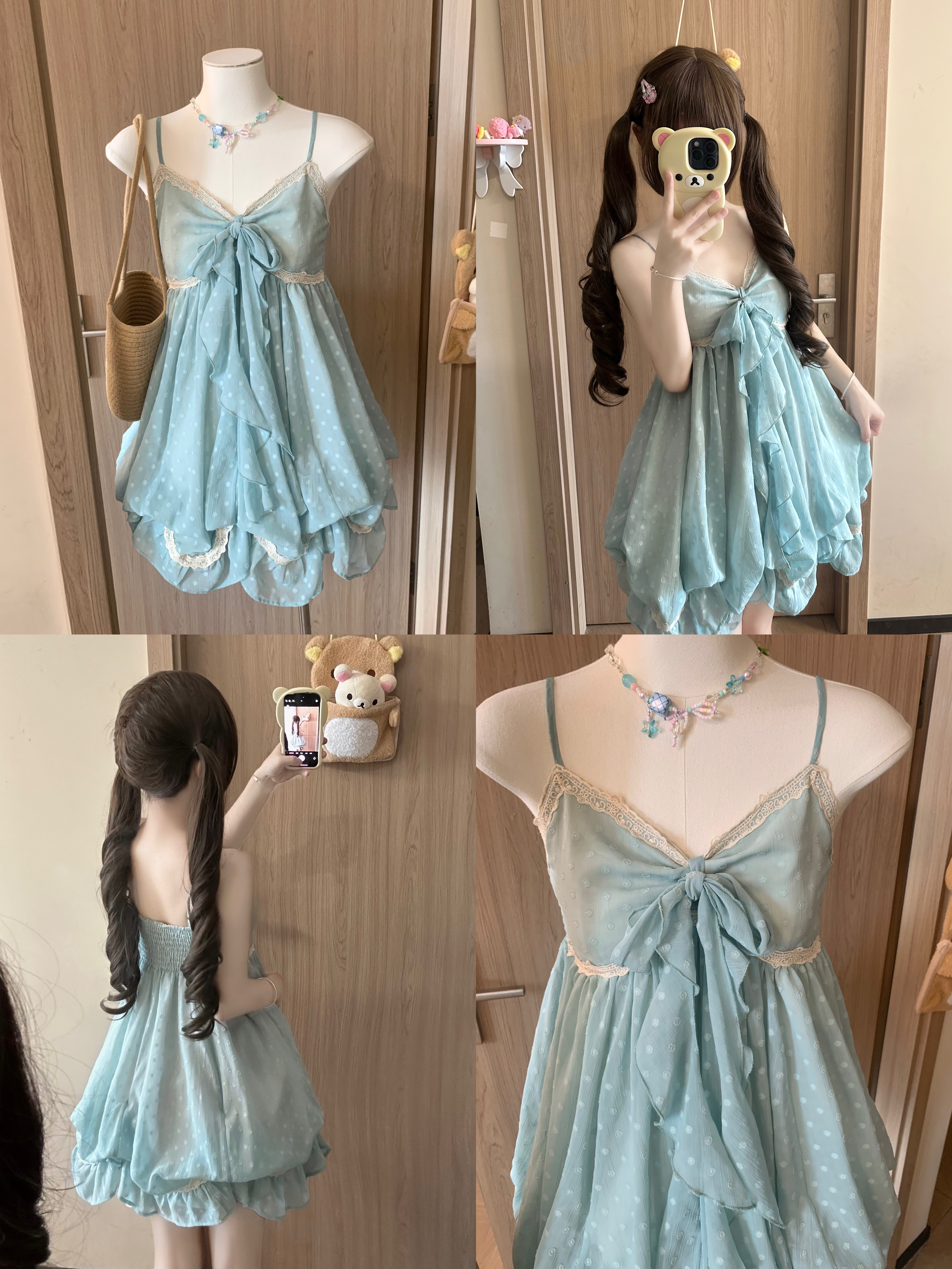 Blurredbear原创软妹海边薄荷绿吊带连衣裙女夏季新款显瘦长裙女