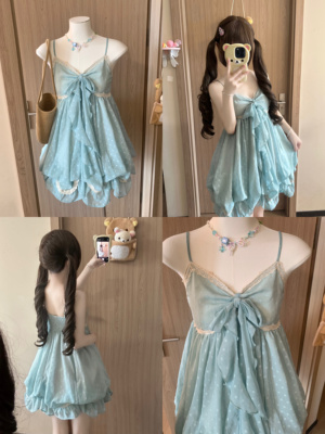 Blurredbear原创软妹海边薄荷绿吊带连衣裙女夏季新款显瘦长裙女