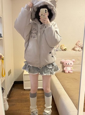 Blurredbear原创冬季小猫刺绣座山雕加厚保暖棉服女连帽夹棉外套