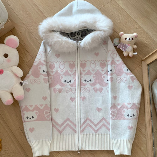 Blurredbear原创费尔岛加厚白色甜妹开衫女日系软妹连帽外套毛衣