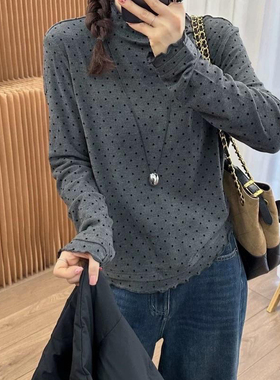 杭楚-极简风弹力木耳边加绒打底衫基础款上衣波点长袖打底衫4363#