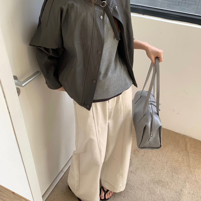 CHILLING24丘林-26年春款极简风立领宽松皮衣41BW044