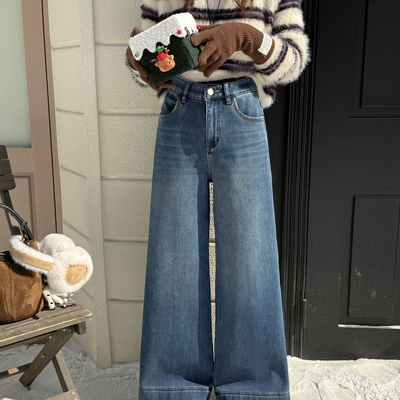 OUNA欧娜-冬上新经典舒适四面弹时尚简约复合绒阔腿牛仔裤6056-5