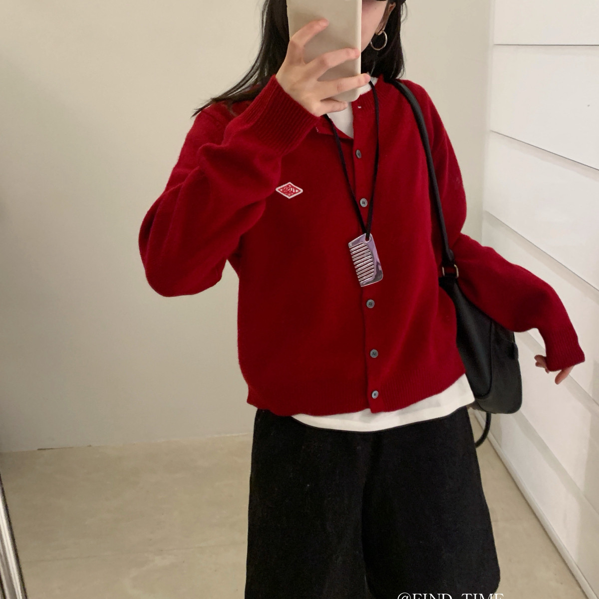 Find Time-毛圆领高级感菱形标休闲针织开衫（含100绵羊毛）L6127