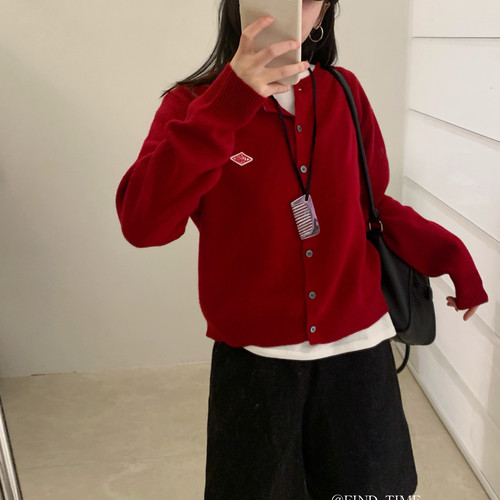 Find Time-毛圆领高级感菱形标休闲针织开衫（含100绵羊毛）L6127