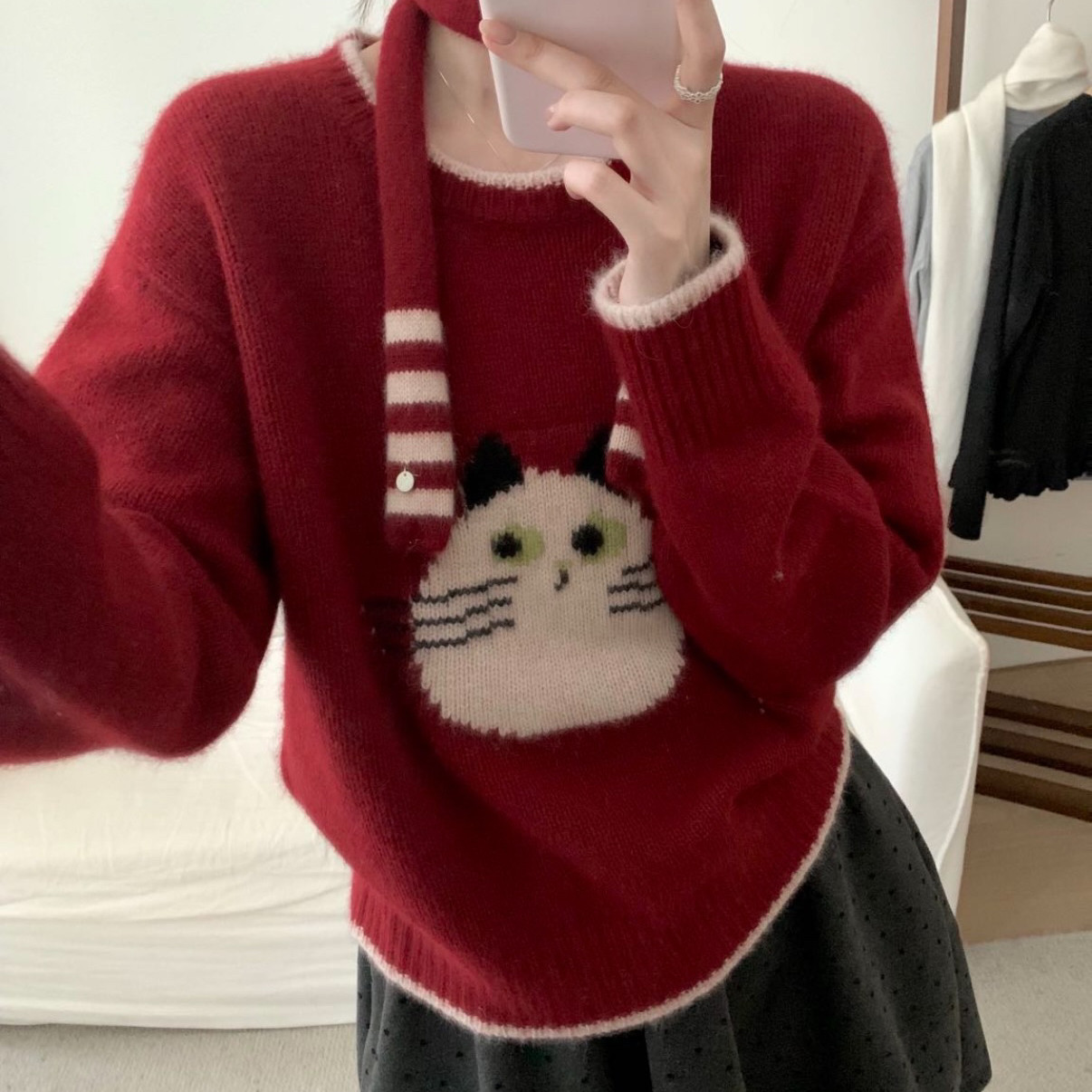 TOMORROW-年款发财红小猫咪提花保暖毛衣(配领带)（含浣熊绒）LJ5